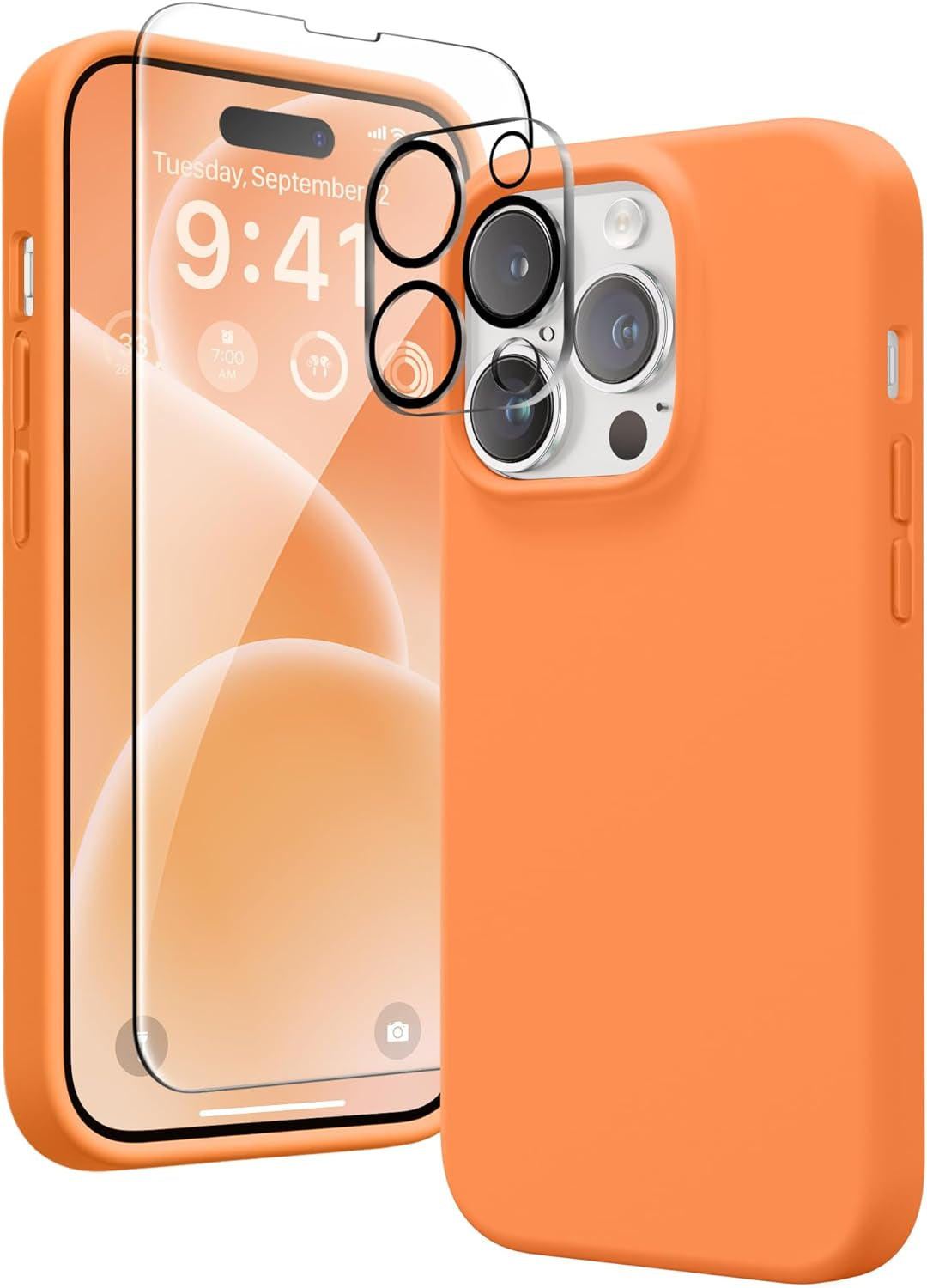 GONEZ for Iphone 14 Pro Case, with 2 Pack Screen Protector + 2 Pack Camera Lens Protector, Soft Anti-Scratch Microfiber Lining, Shockproof Protective Liquid Silicone Phone Cover 6.1'', Blue  GONEZ Orange Iphone 14 Pro 