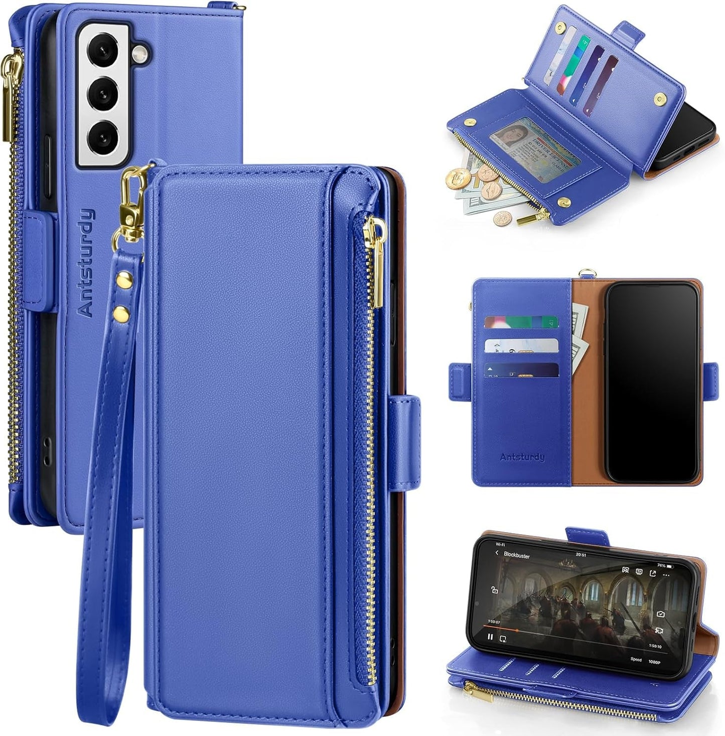 Antsturdy Samsung Galaxy S22+/S22 plus Case Wallet with Card Holder for Women Men,Galaxy S22+/S22 plus Phone Case RFID Blocking PU Leather Flip Cover with Strap Zipper Credit Card Slots,Light Purple