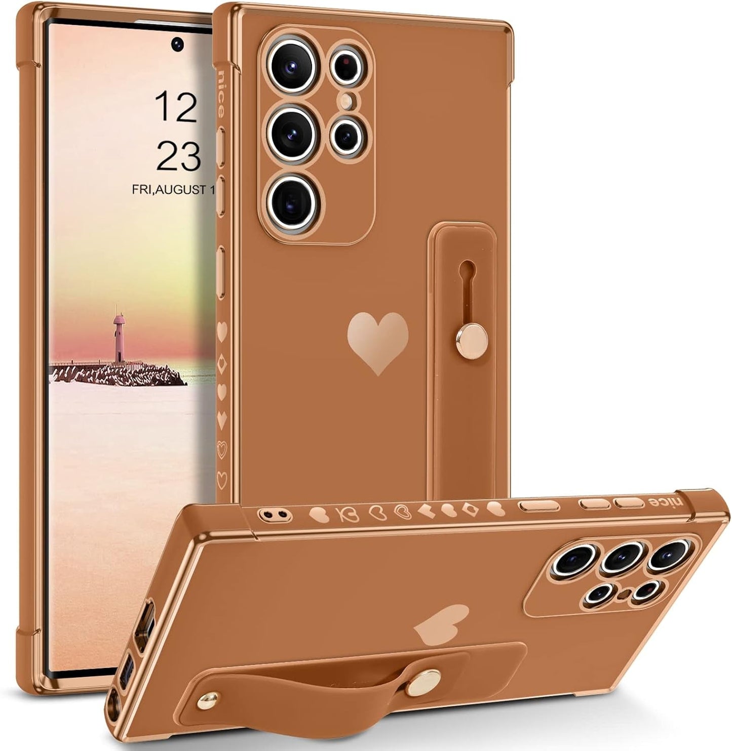 BENTOBEN Galaxy S22 Ultra Case,Slim Luxury Heart Design Plated Soft Bumper Women Men Girl Protective Case Cover with Strap for Samsung Galaxy S22 Ultra 6.8 Inch,Pink/Gold