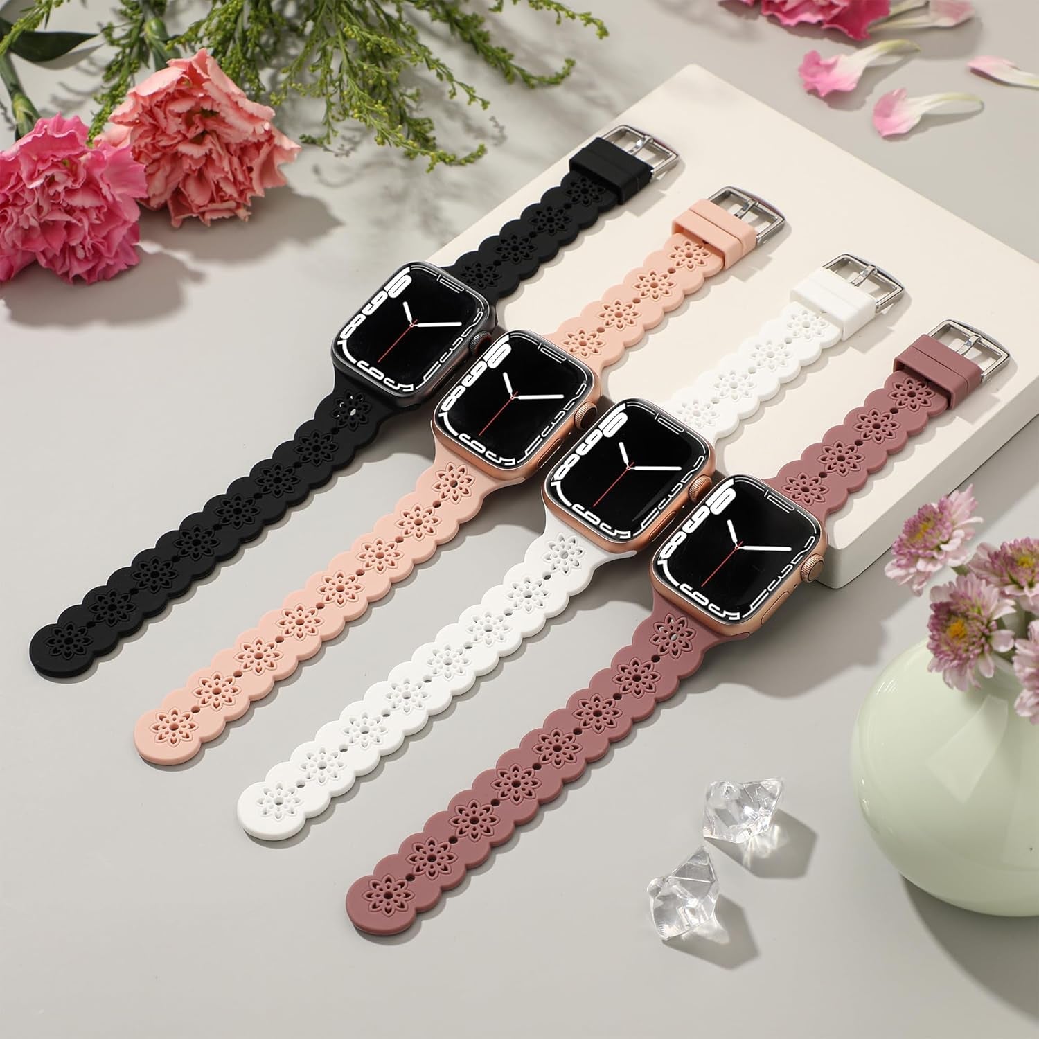 4 Pack Slim Silicone Bands Compatible with Apple Watch Band 40Mm 38Mm 41Mm 44Mm 45Mm 42Mm 49Mm Women Men, Lace Breathable Sport Strap for Iwatch Bands SE Series 9/8/7/6/5/4/3/2/1 Ultra 2/1