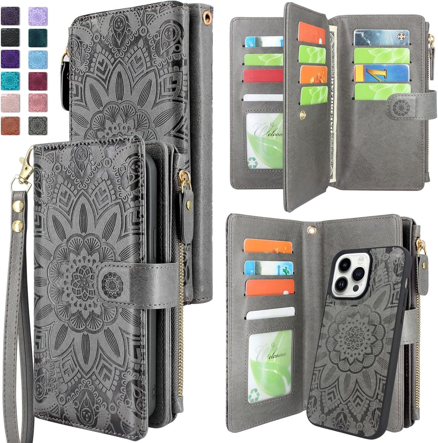 Harryshell Compatible with Iphone 14 Pro 6.1 Inch 5G 2022 Wallet Case Detachable Magnetic Cover Zipper Cash Pocket Multi Card Slots Holder Wrist Strap Lanyard (Floral Black)  Harryshell   