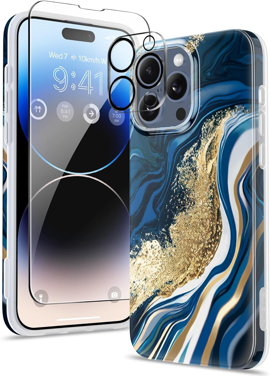 GVIEWIN for Iphone 15 Pro Case with Screen Protector+Camera Lens Protector, [Military Grade Drop Protection] Slim Marble Design Soft TPU Protective Phone Cover for 15 Pro 6.1" (Flowing Sand/Ink)  GVIEWIN Refinement/Blue  