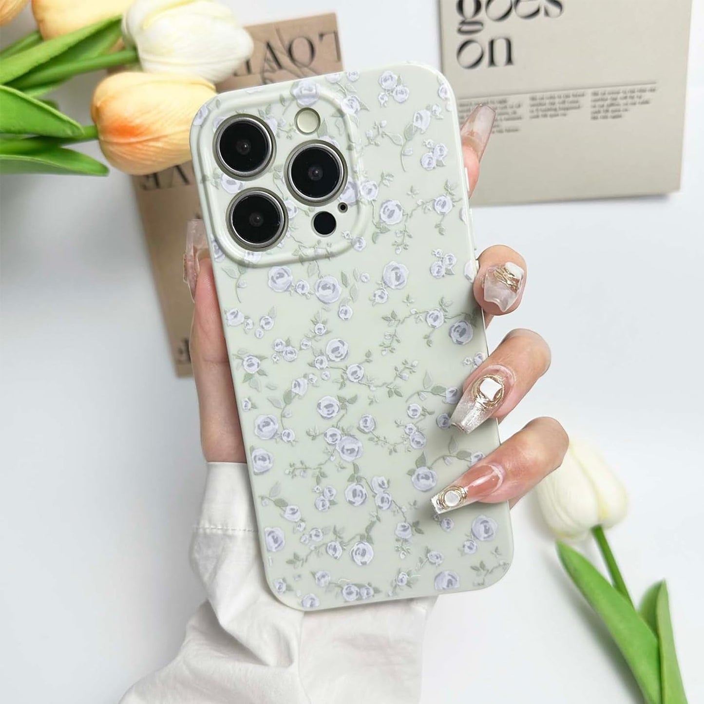 DYFYFKDI Floral Case for Iphone 15 Pro Cute Flower Rose Pattern Aesthetic Iphone 15 Pro Case Vintage Girls Women,Oil Flowers Girly Trendy Slim Fit TPU Shockproof Protective Case, Blue  DYFYFKDI Green Iphone 14 Pro 6.1 Inch 