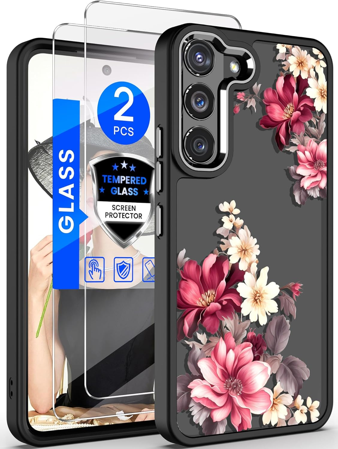 Dretal for Samsung Galaxy S22 5G Case Floral, Military Grade Drop Tested Hard Back & Soft Edge Slim Flower Women Girls Phone Protective Cover + Tempered Glass Screen Protector (Deep Purple)