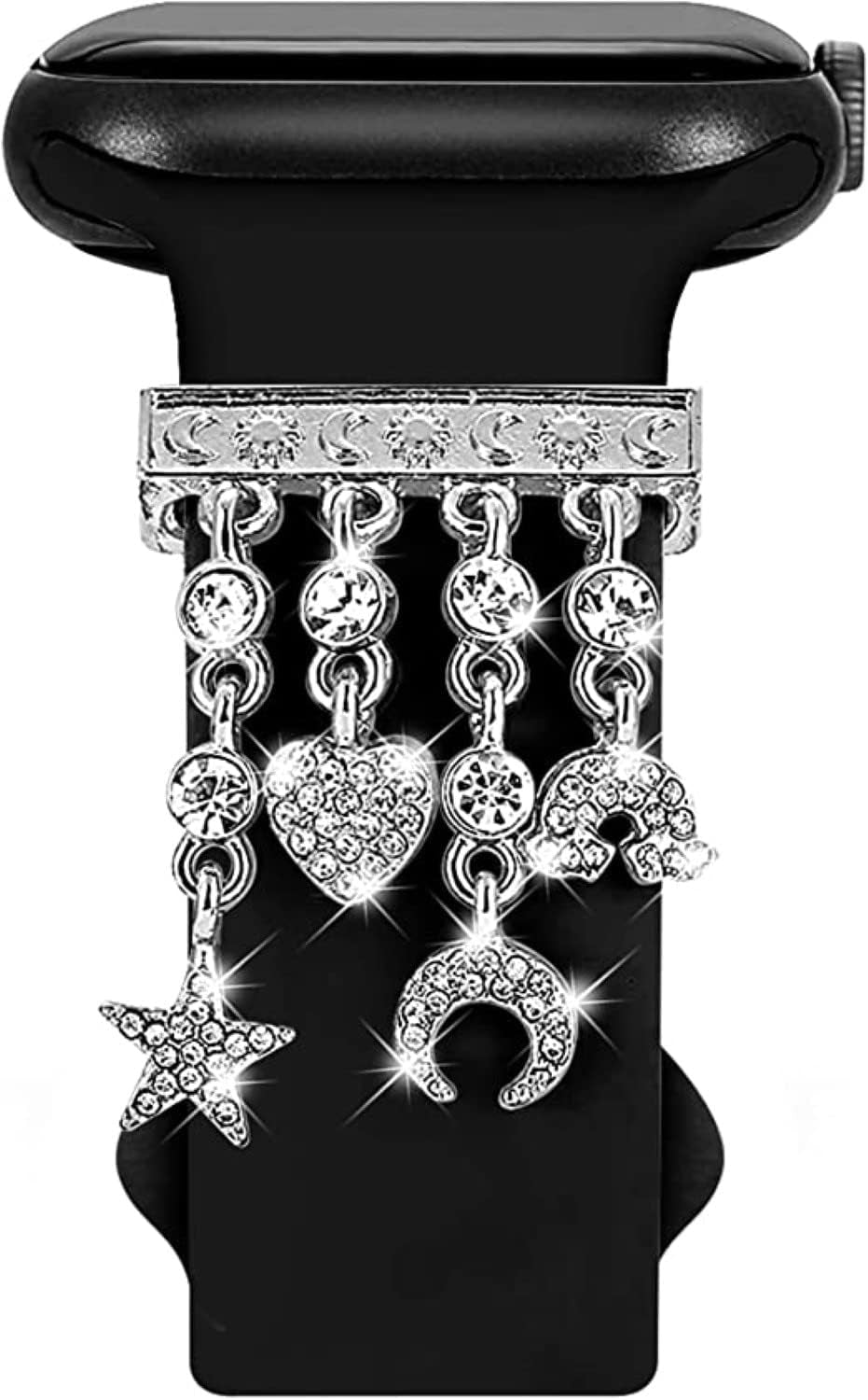 Decorative Rings Loops Compatible with Apple Watch Silicone Bands Metal Diamond Charms 45Mm 44Mm 42Mm 41Mm 40Mm 38Mm Iwatch Series 8 7 6 5 4 3 2 1 Accessories, Silver-Night Sky, Adjustable