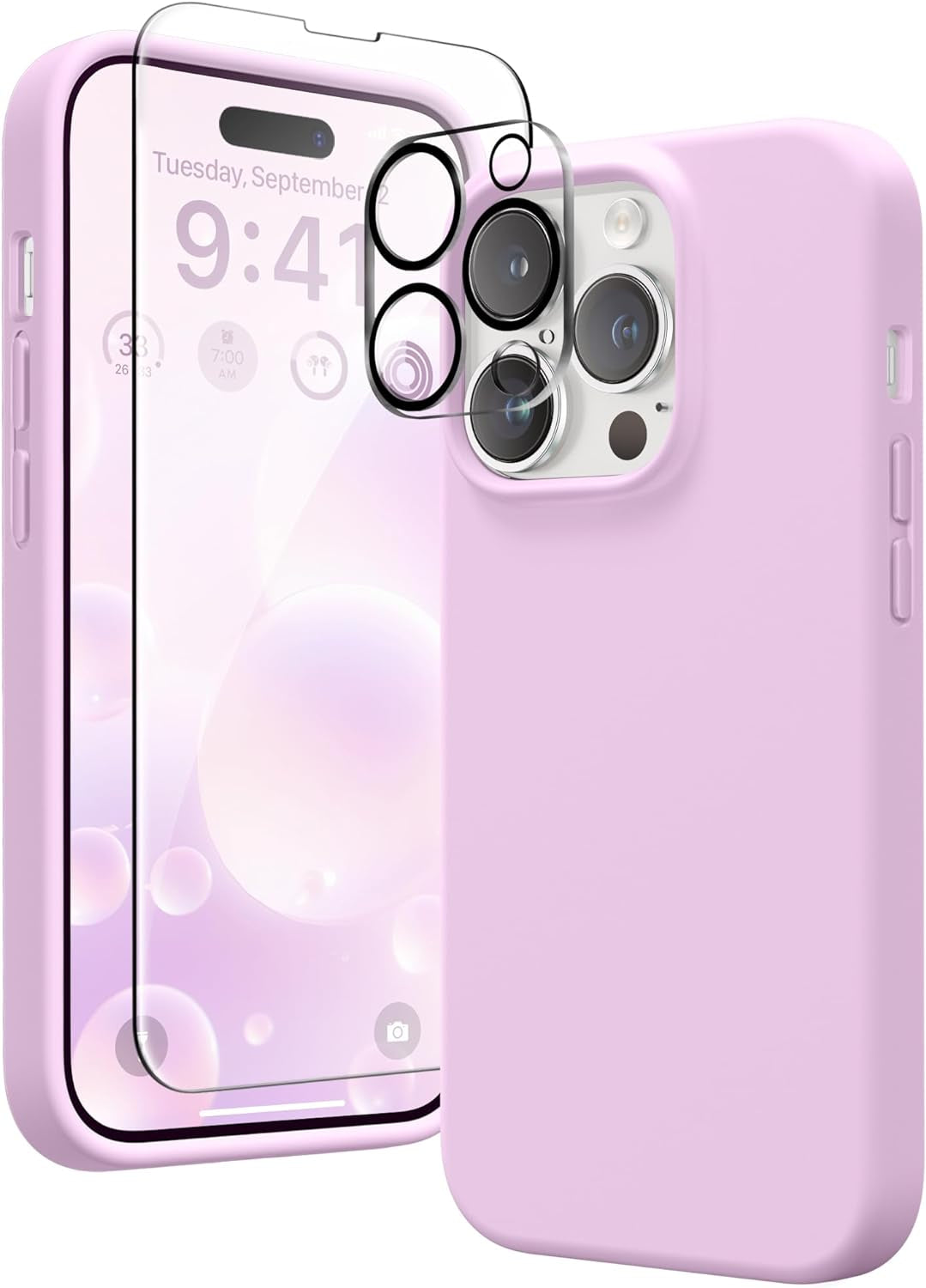 GONEZ for Iphone 14 Pro Case, with 2 Pack Screen Protector + 2 Pack Camera Lens Protector, Soft Anti-Scratch Microfiber Lining, Shockproof Protective Liquid Silicone Phone Cover 6.1'', Blue  GONEZ Light Lilac Iphone 14 Pro 