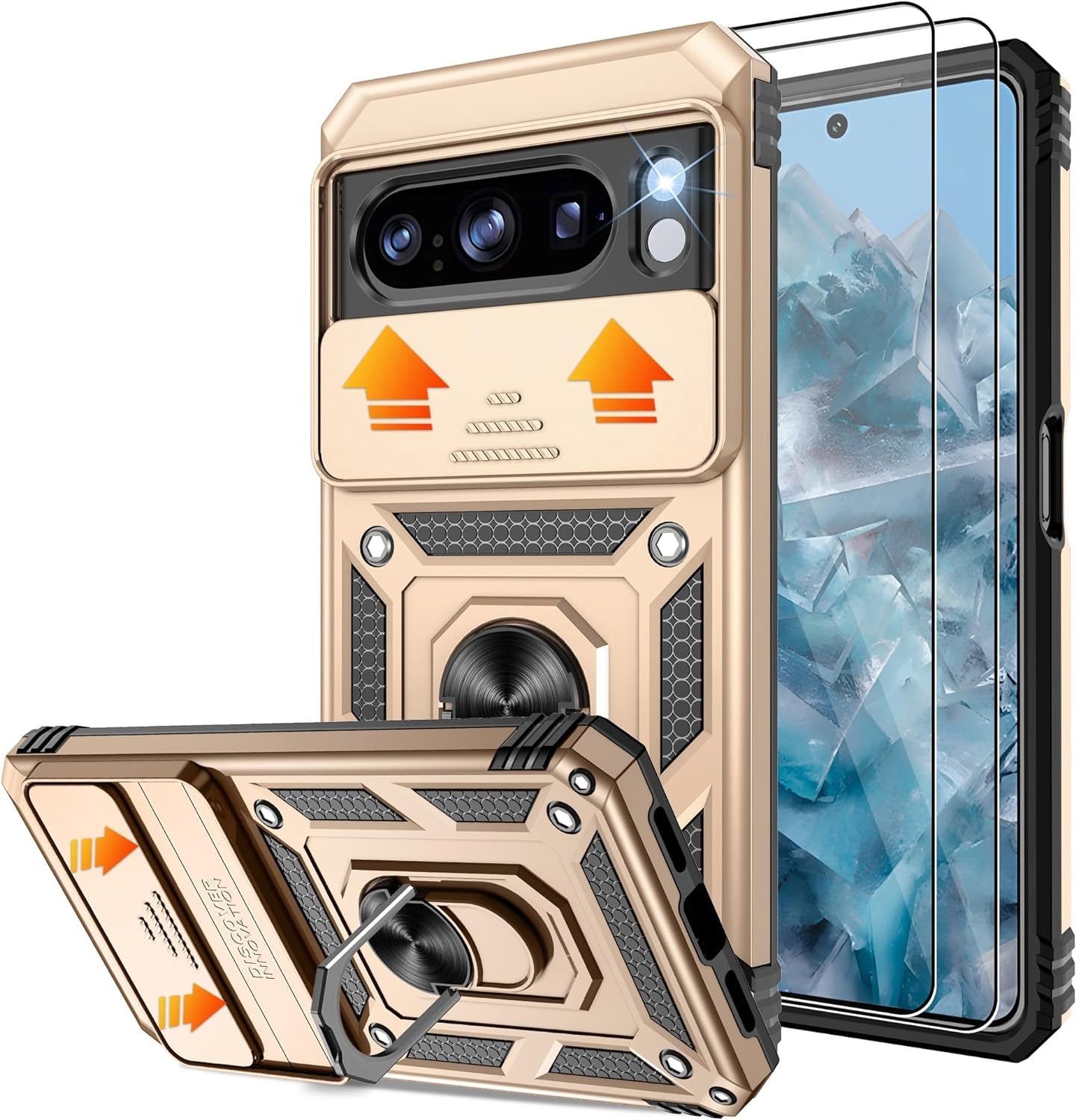 Fit for Google Pixel 8 5G Case with Screen Protector (2 Pack) & Slide Camera Cover, Build in 360° Magnetic Rotating Ring Kickstand [Military Grade] Protective Case for Pixel 8 Case, Green  Gritup Gold Google Pixel 8 Pro 6.7" 