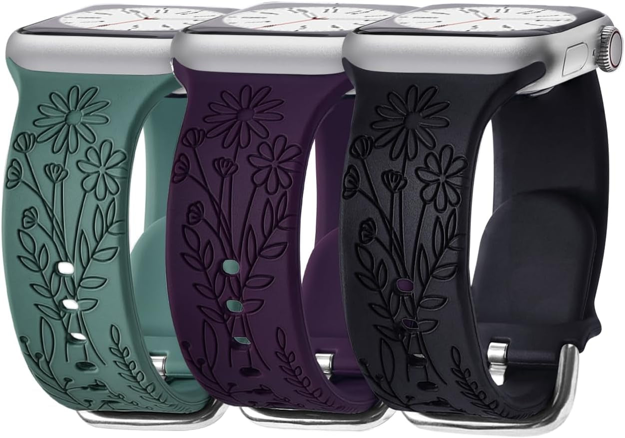 3 Pack Wildflower Engraved Bands Compatible with Apple Watch Band 40Mm 38Mm 41Mm 44Mm 42Mm 45Mm 49Mm Women, Floral Soft Silicone Sport Strap for Iwatch Bands Series SE 9 8 7 6 5 4 3 2 1 Ultra