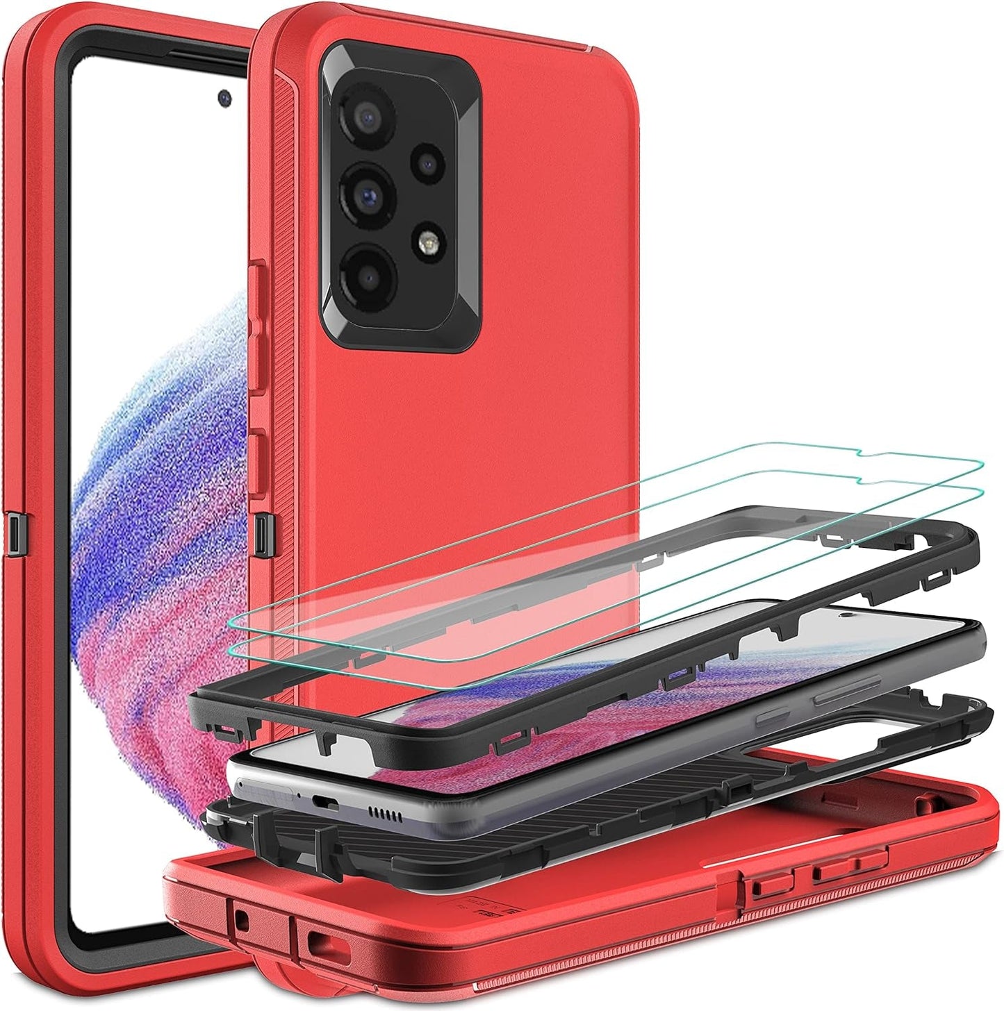 For Samsung A53 5G Case, Galaxy A53 5G Case with 2 Pcs Nano Explosion-Proof Film, 3 in 1 Full Body Shockproof Heavy Duty Protection Case for Samsung Galaxy A53 5G (Aqua Blue/Rose Pink)