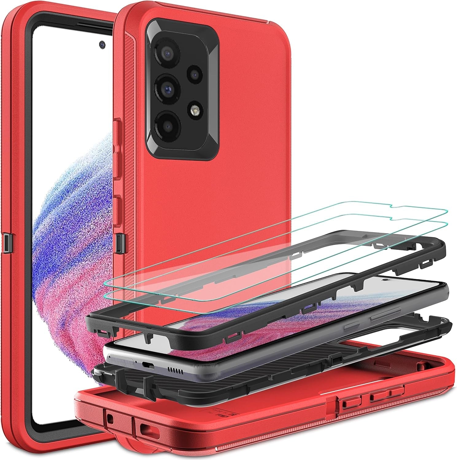 For Samsung A53 5G Case, Galaxy A53 5G Case with 2 Pcs Nano Explosion-Proof Film, 3 in 1 Full Body Shockproof Heavy Duty Protection Case for Samsung Galaxy A53 5G (Aqua Blue/Rose Pink)