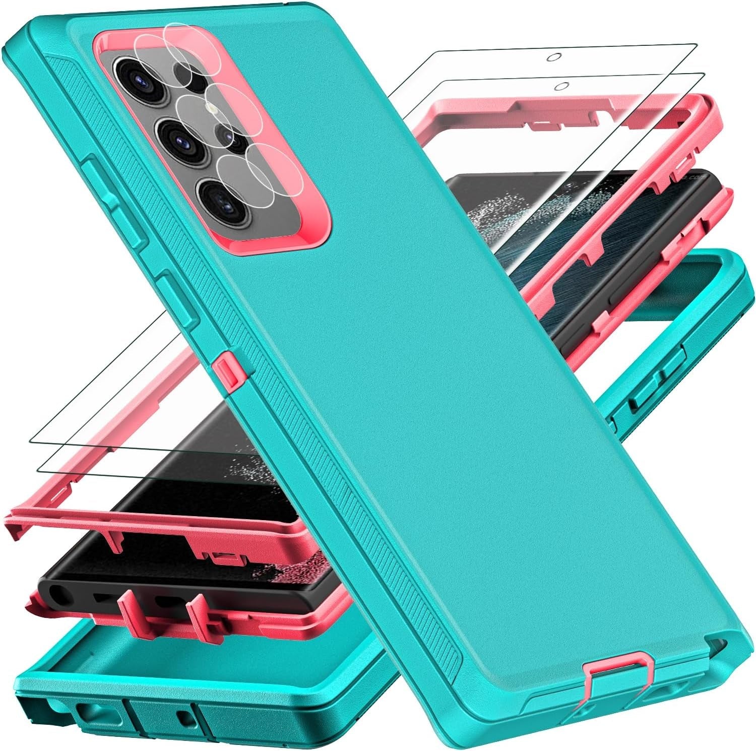 For Samsung Galaxy S22 Ultra Case, with 2Pcs [Self Healing Flexible TPU Screen Protector & Camera Lens Protector] Military Grade Heavy Duty Case for Galaxy S22 Ultra 5G (Aqua Blue/Pink)