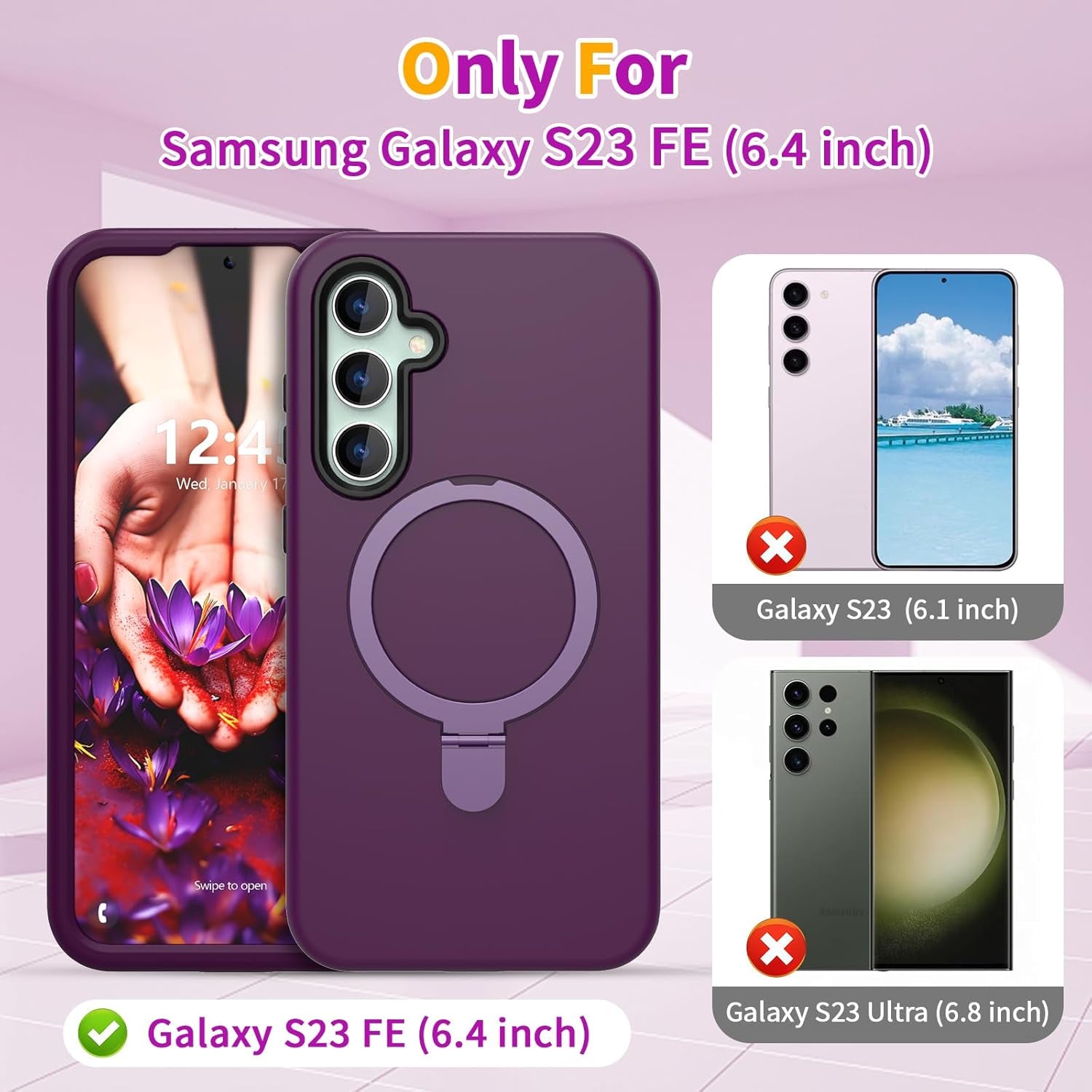 ACKETBOX Magnetic Designed for Samsung Galaxy S23 FE Case,With Screen+Camera Lens Protector+Kickstand,Case for Galaxy S23 FE 5G 6.4"（Deep Purple）