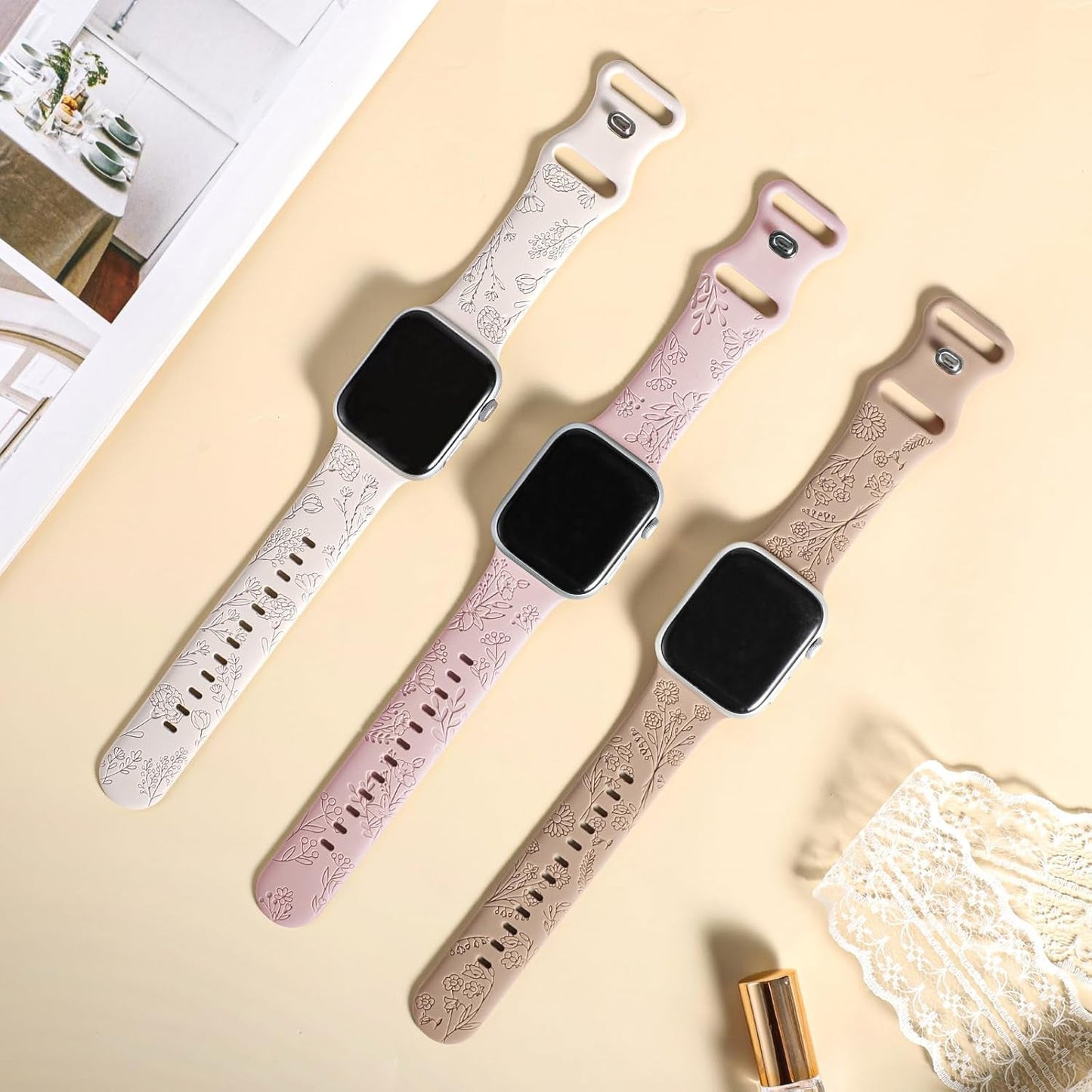 6 Pack Floral Engraved Compatible for Apple Watch Band 38Mm 40Mm 41Mm 42Mm 44Mm 45Mm 49Mm Women, Soft Silicone Cute Flower Sport Strap for Iwatch Bands Series 9 8 7 SE 6 5 4 3 2 1 Ultra