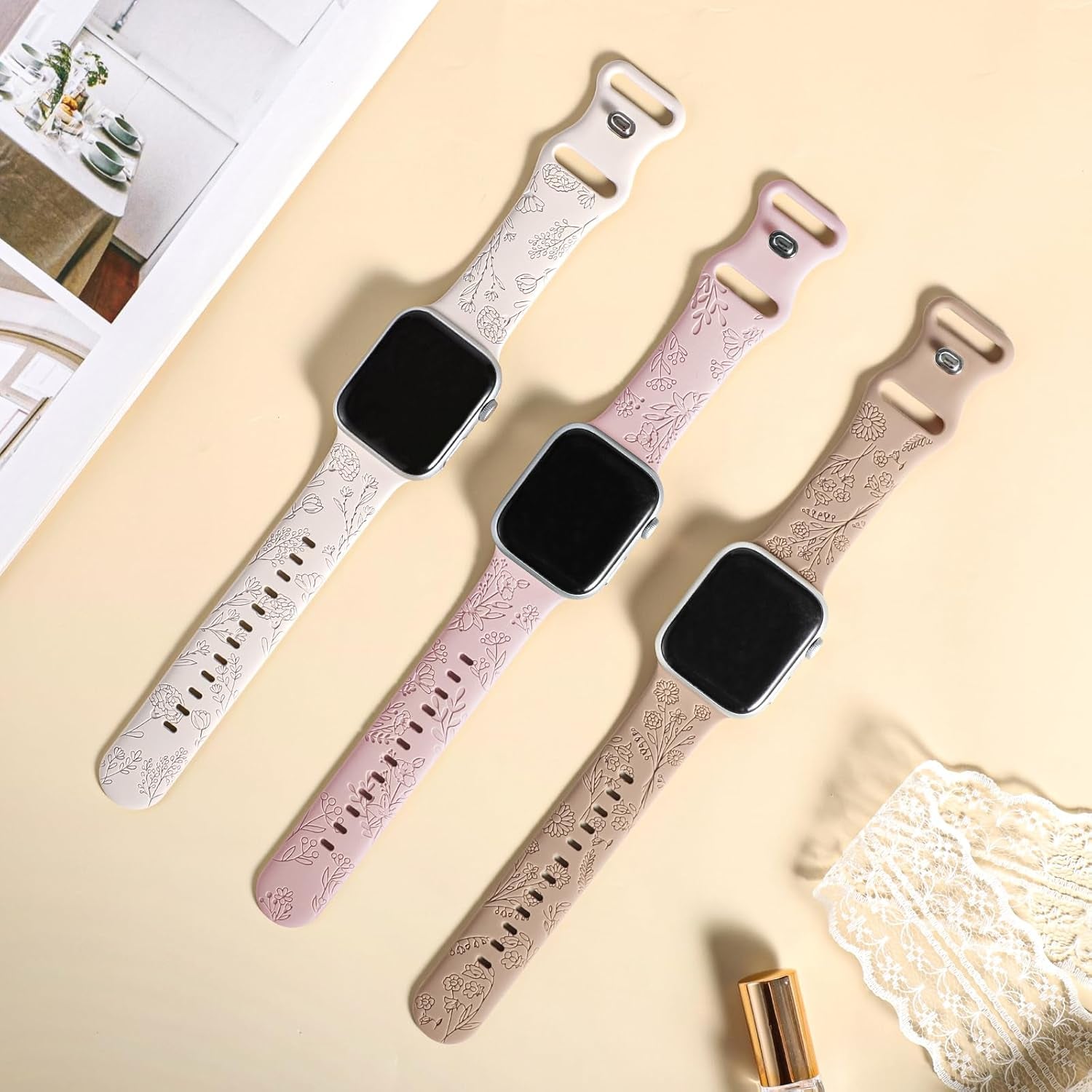 6 Pack Floral Engraved Compatible for Apple Watch Band 38Mm 40Mm 41Mm 42Mm 44Mm 45Mm 49Mm Women, Soft Silicone Cute Flower Sport Strap for Iwatch Bands Series 9 8 7 SE 6 5 4 3 2 1 Ultra