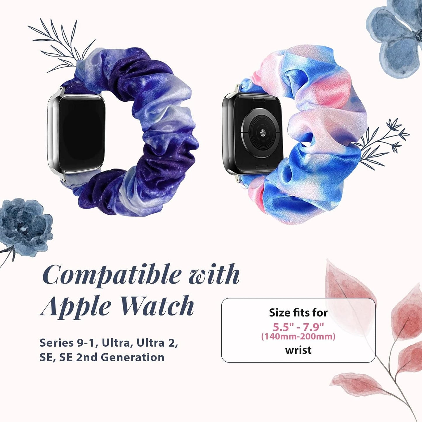 2 Pack Solo Loop Bands Compatible with Apple Watch 44Mm 40Mm 38Mm 41Mm 45Mm 49Mm 42Mm for Women Printed Elastic Scrunchie Wristbands for Iwatch Series 9 8 7 6 5 4 3 2 1 SE Ultra
