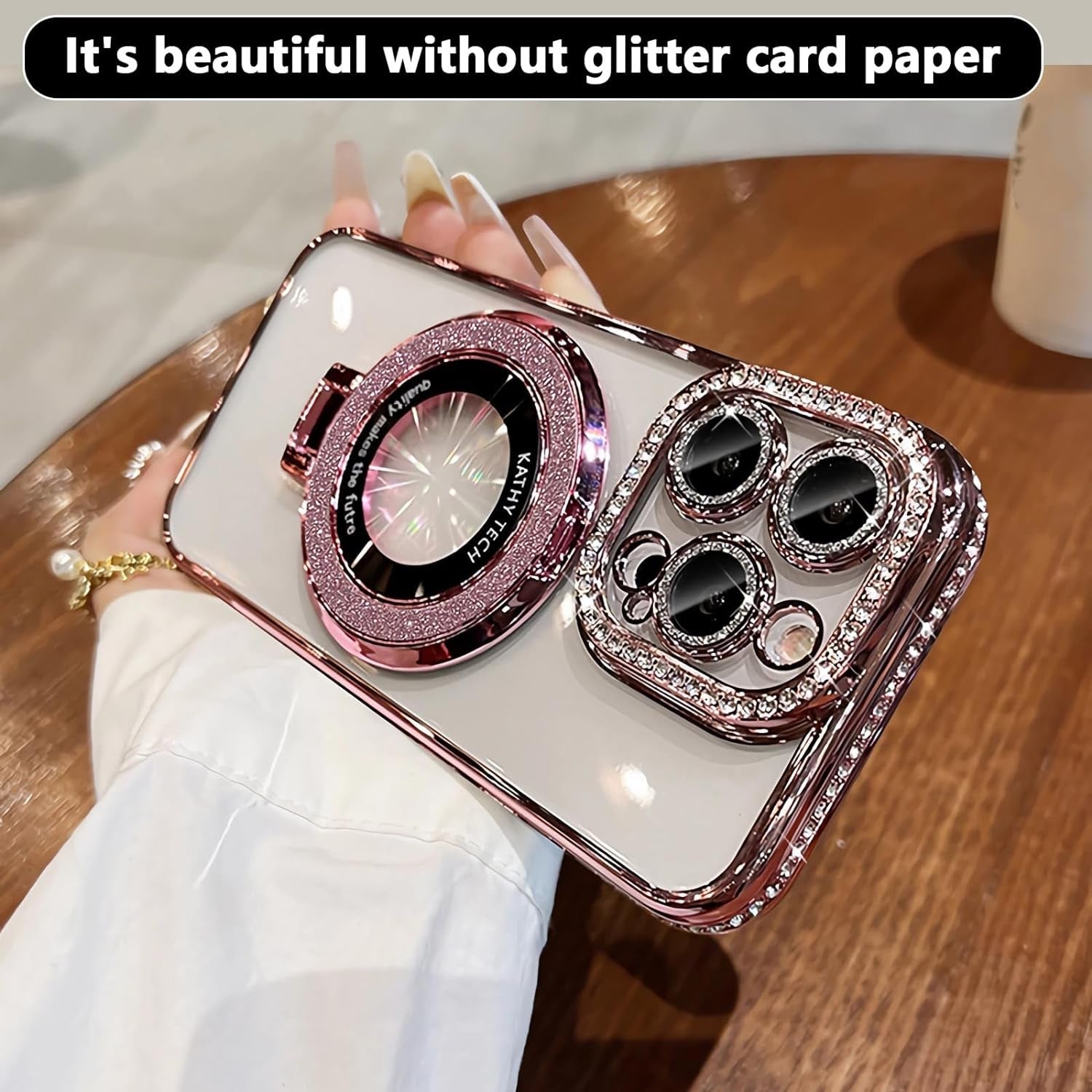 LXK Magnetic Stand for Iphone 15 Pro Max Case, [Compatible with Magsafe][Built-In Camera Lens Protector] Glitter Bling Card & Soft TPU Diamonds Bumper Protection Cover for Women Girls 6.7" (Pink)  Studyogt   