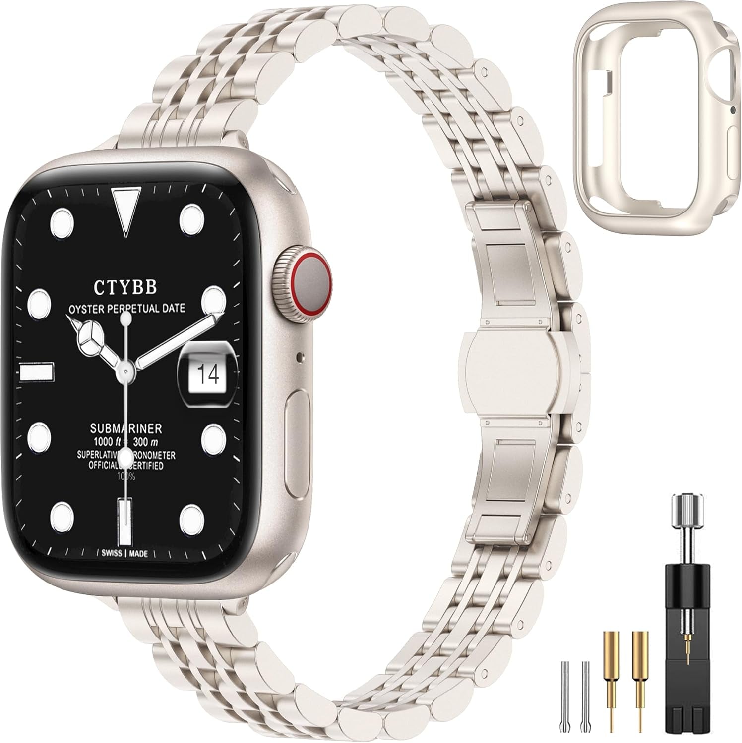 CTYBB Women Slim Band Compatible with Apple Watch Band 38Mm 40Mm 41Mm 42Mm 44Mm 45Mm, Stainless Steel Replacement Straps with Case for Iwatch Bands Series 9 8 7 6 5 4 3 2 1 Se,Silver+Gold