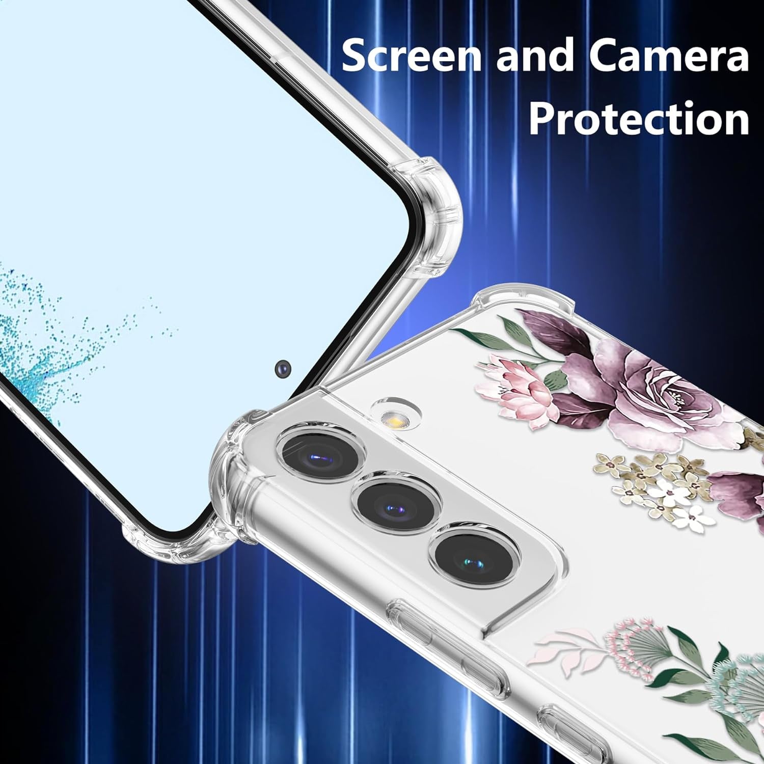 DEFBSC Soft Case Compatible with Samsung Galaxy S22 Plus, Clear Floral Flower Pattern Print Design Flexible TPU Shockproof Cover for Women Girls,Flower Protective Phone Case, Purple Peony