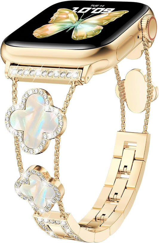 CTYBB Bling Womens Band Compatible with Apple Watch Band 40Mm 41Mm 38Mm Series 9 8 7 6 5 4 3 2 1 SE, Sparkle Diamond Replacement Bracelet Wristband, Cute Lucky Clover Dressy Iwatch Band,Gold/White