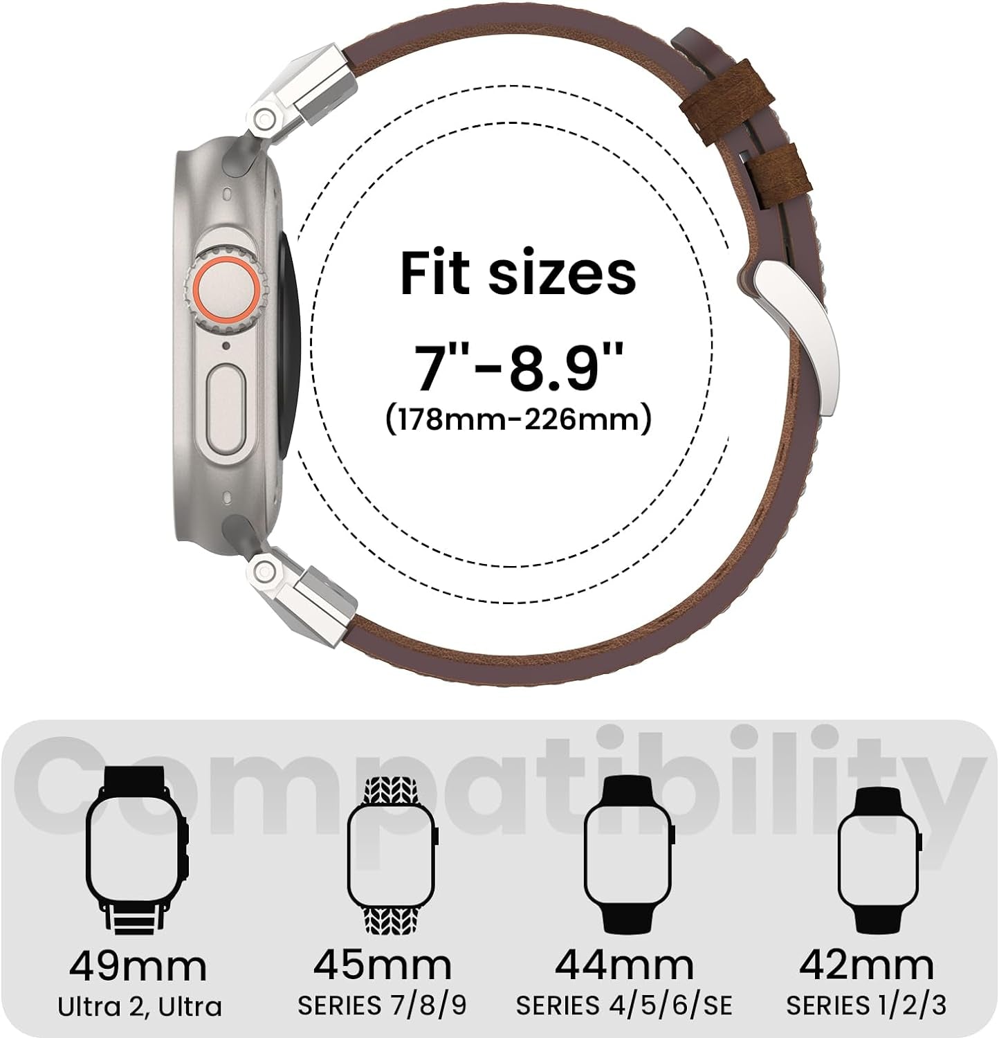 Genuine Leather Band Compatible with Apple Watch Ultra 2/Ultra Band 49Mm 45Mm 44Mm 42Mm for Men Women, Rugged Strap with Stainless Steel Connectors for Iwatch Ultra Series SE 9 8 7 6 5 4 3