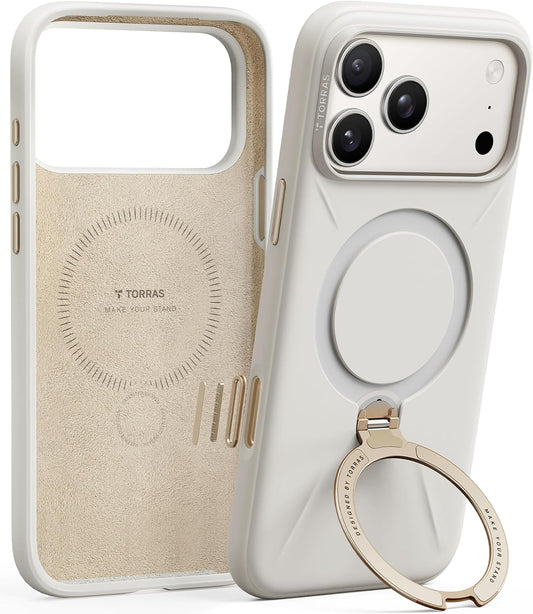 TORRAS Ostand Q3 Silicone for Iphone 17 Pro Max Case, Fit for Magsafe, 360 Spin Stand, Soft Liquid Silicone Cozy Grip, Camera Control, Protective Case for Iphone 17 Pro Max for Women, Ivory Gold