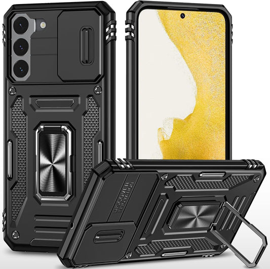 For Samung Galaxy S22 plus Case S22+ plus Case with Slide Camera Cover Ring Kickstand Military Grade Shockproof Case Armor Heavy Duty for Galaxy S22 plus Phone Case (Black)