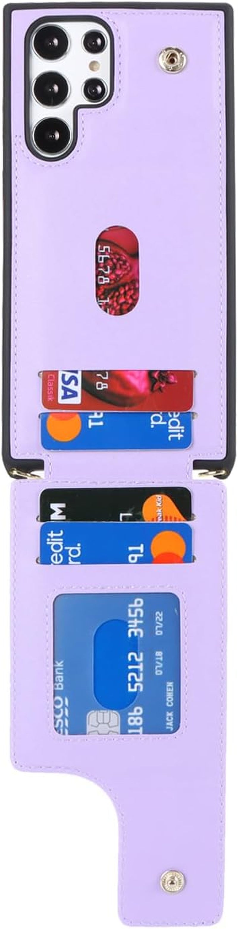 For Samsung Galaxy S22 Ultra Case with Card Holder and Strap for Women,Crossbody Lanyard,Ring Stand,Snap Clasp,Phone Wallet Cases 6.8 Inch(Purple)