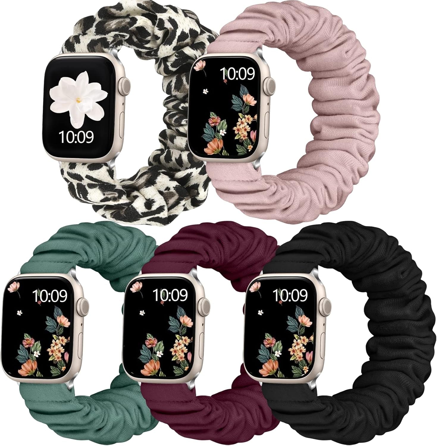 Adorve 5 Pack Scrunchie Bands Compatible with Apple Watch Band 38Mm 40Mm 41Mm 42Mm 44Mm 45Mm 49Mm for Women, Cute Fabric Scrunchy Adjustable Elastic Strap for Iwatch SE Ultra Series 8 7 6 5 4 3 2 1