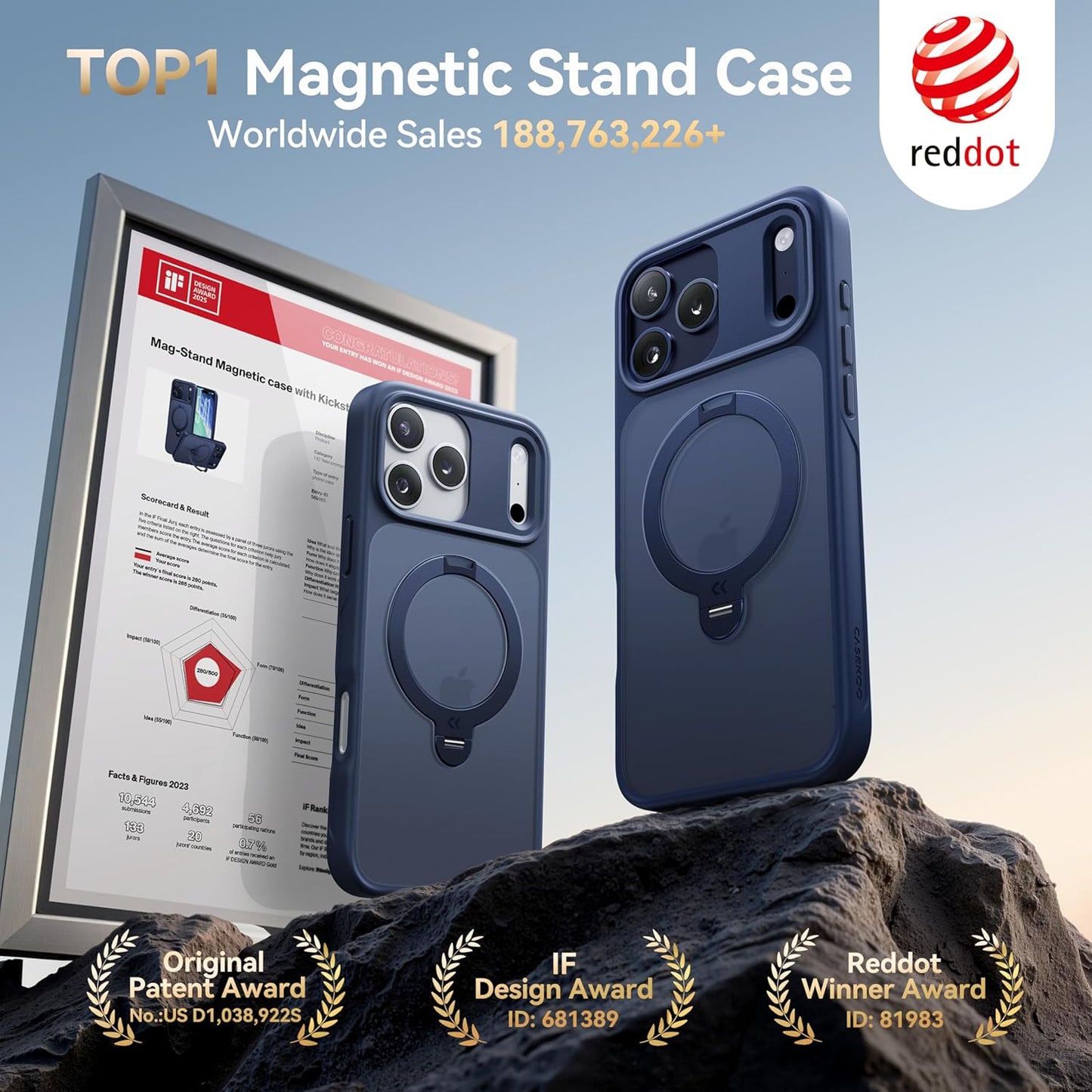 CASEKOO Official Blue for Iphone 17 Pro Max Case with 360 Spin Magnetic Stand [Camera Protection] [18FT Military Grade Protection] [Fit for Magsafe] Shockproof Ring Grip Matte 6.9 Inch