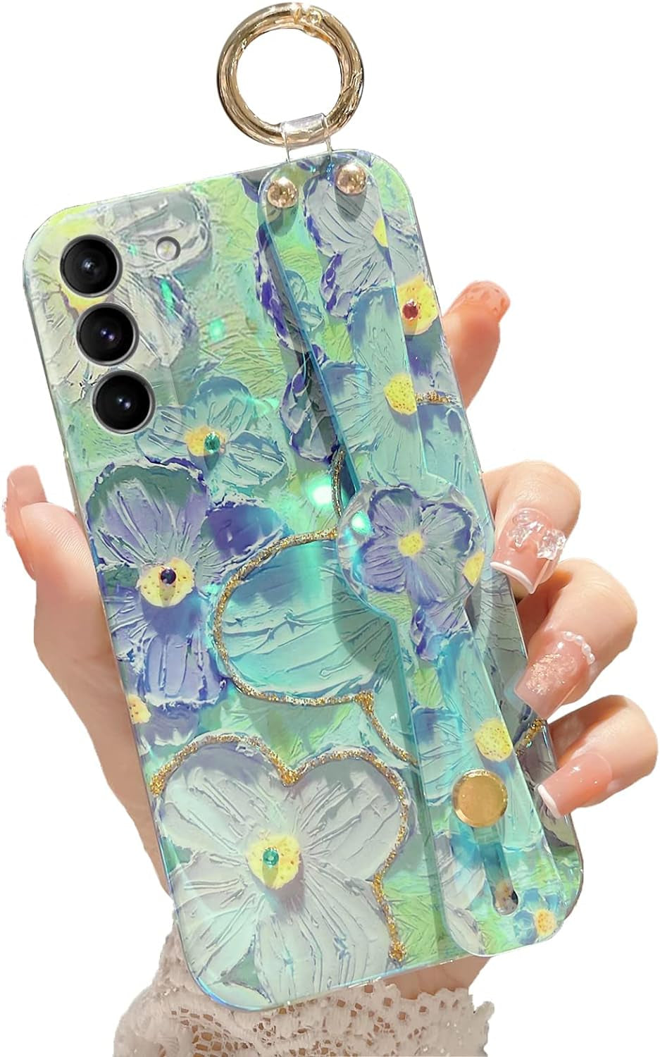 For S22 Phone Case, Galaxy S22 Case for Elegant Cute Flower Petals with Wrist Band Kickstand Ultra Slim IMD Soft TPU Shockproof Protection Holder Cover for Samsung S22