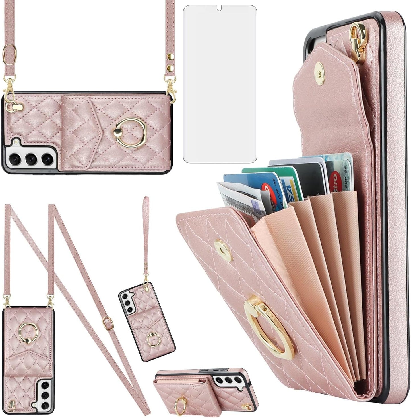 Asuwish Phone Case for Samsung Galaxy S22 plus S22+ 5G Wallet Cover with Tempered Glass Screen Protector and Crossbody Ring RFID Blocking Card Holder Cell S22+5G S22Plus 22S + S 22 22+ Women Wine Red