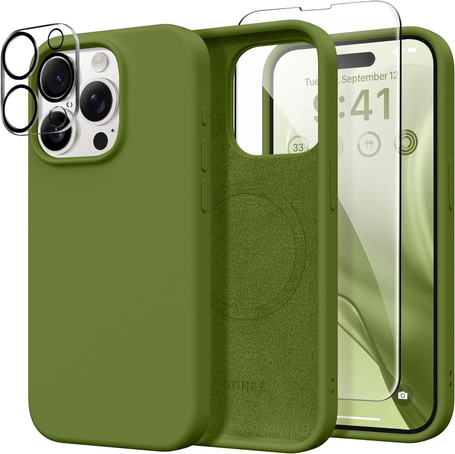 GONEZ for Iphone 15 Pro Case Compatible with Magsafe, [2X Screen Protector + 2X Camera Lens Protector], Soft Silicone Shockproof Anti-Scratch Full Body Protective Phone Case 6.1" 2023, Dark Grey  GONEZ Cedar Green  