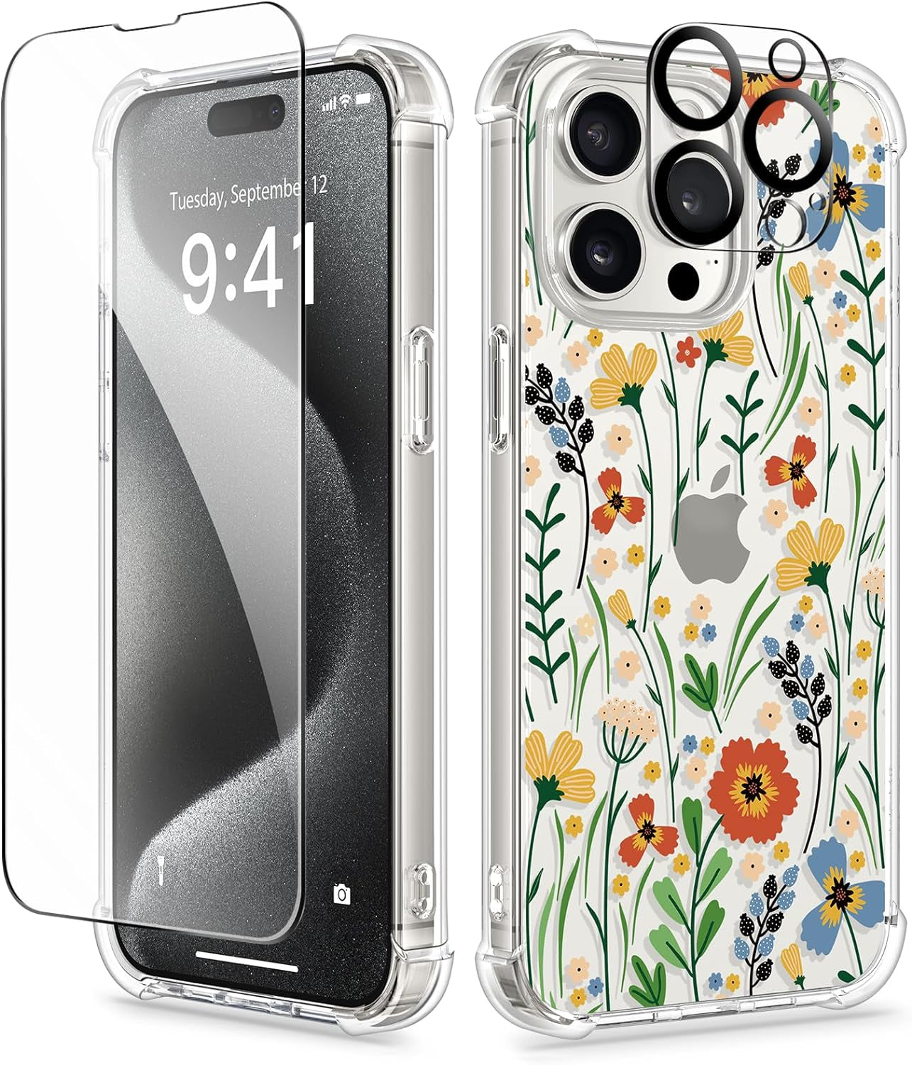 GVIEWIN for Iphone 15 Pro Case Floral, with Screen Protector+Camera Lens Protector, [Not Yellowing] Slim Shockproof Clear Phone Protective Cover for Women, Flower Pattern Design (Ranunculus/Pink)  GVIEWIN   