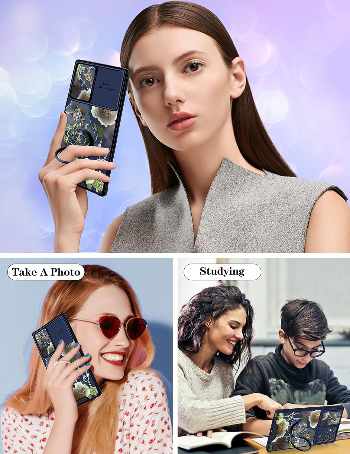 Goocrux (2In1 for Samsung Galaxy S22 Ultra Case Flower Floral for Women Girls Girly Pretty Cute Phone Cover with Slide Camera Cover+Ring Holder Fashion Pattern Unique Design Cases for S22 Ultra 6.8''