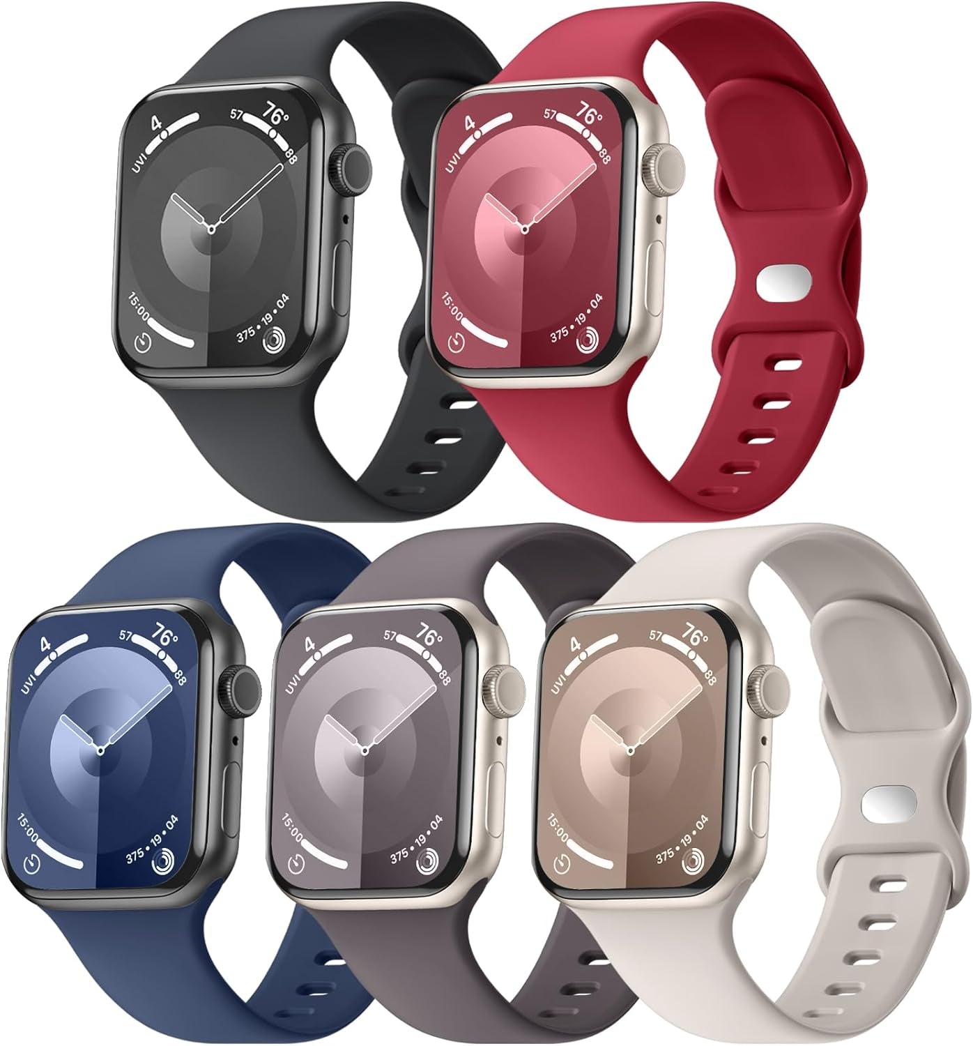 5 Pack Soft Silicone Bands - Compatible with Apple Watch Ultra 2 & Ultra Band 49Mm 45Mm 44Mm 42Mm 41Mm 40Mm 38Mm for Men Women, Breathable Sport Strap Band for Ultra 2 Iwatch Series 9 8 7 6 SE 5 4 3 2