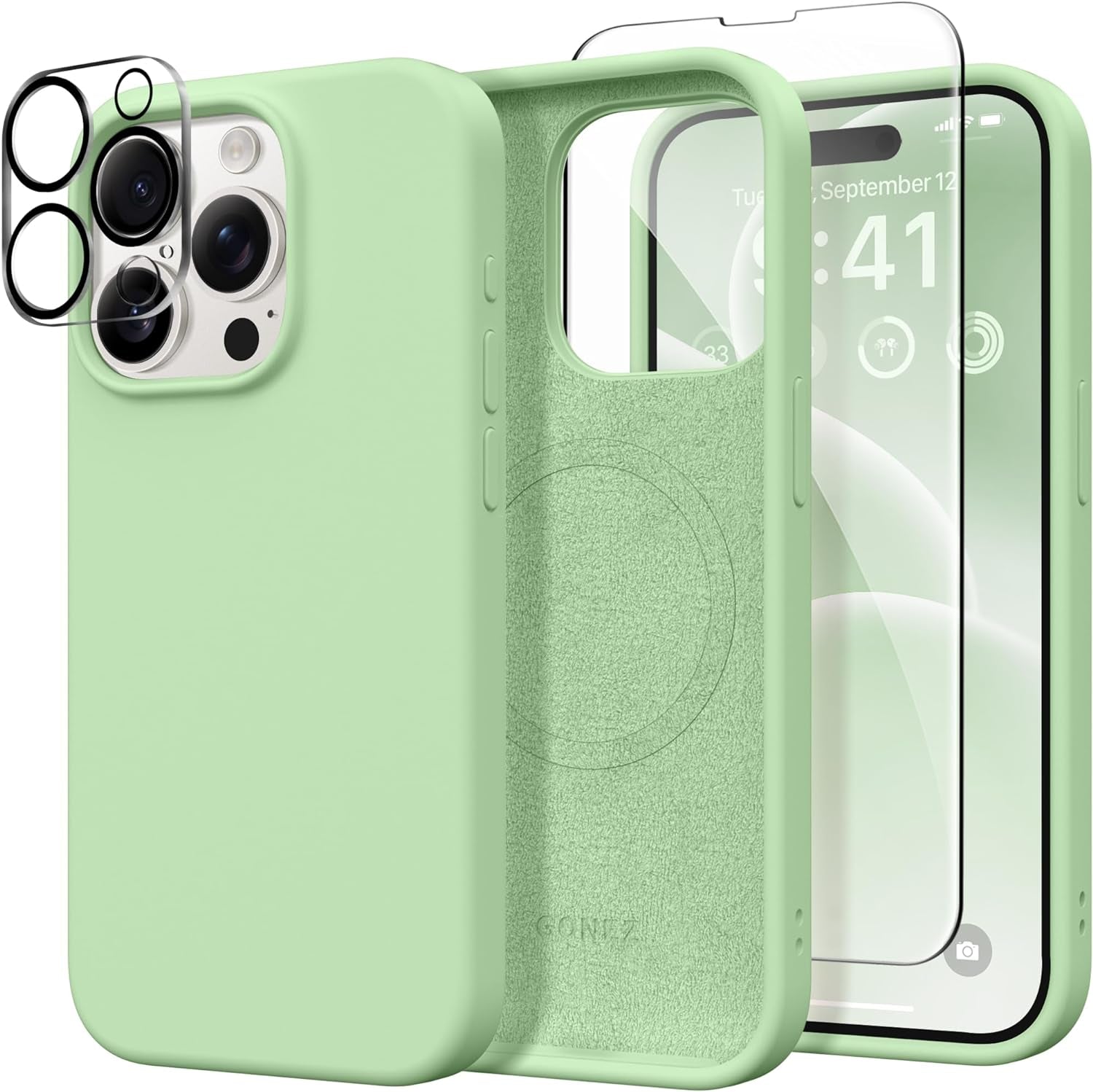 GONEZ for Iphone 15 Pro Case Compatible with Magsafe, [2X Screen Protector + 2X Camera Lens Protector], Soft Silicone Shockproof Anti-Scratch Full Body Protective Phone Case 6.1" 2023, Dark Grey  GONEZ Green  