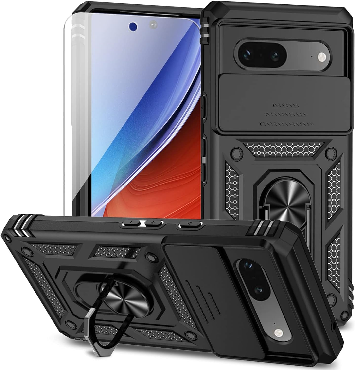 For Google Pixel 7A Case with Slide Camera Cover HD Screen Protector [Military Grade 16Ft. Drop Tested] Magnetic Ring Holder Kickstand Protective Phone Case for Google Pixel 7A, Red  PUSHIMEI Co., Ltd.   