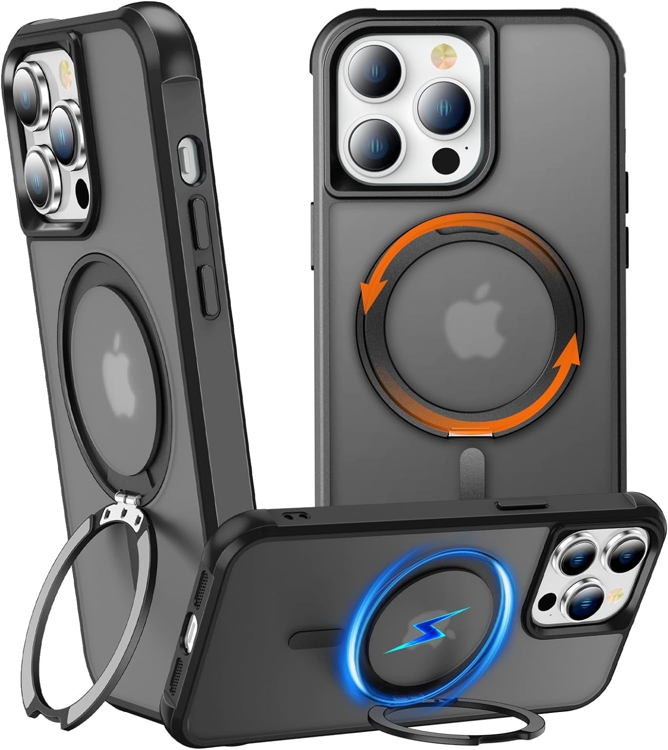 Chaofeng 360° Rotatable Stand for Iphone 15 Pro Case with Magnetic [Military Grade Drop Tested][Adjustable Kickstand] Ring Translucent Slim Hard Back Soft Edge, Purple  CHAOFEnG Black Iphone 14 Pro 