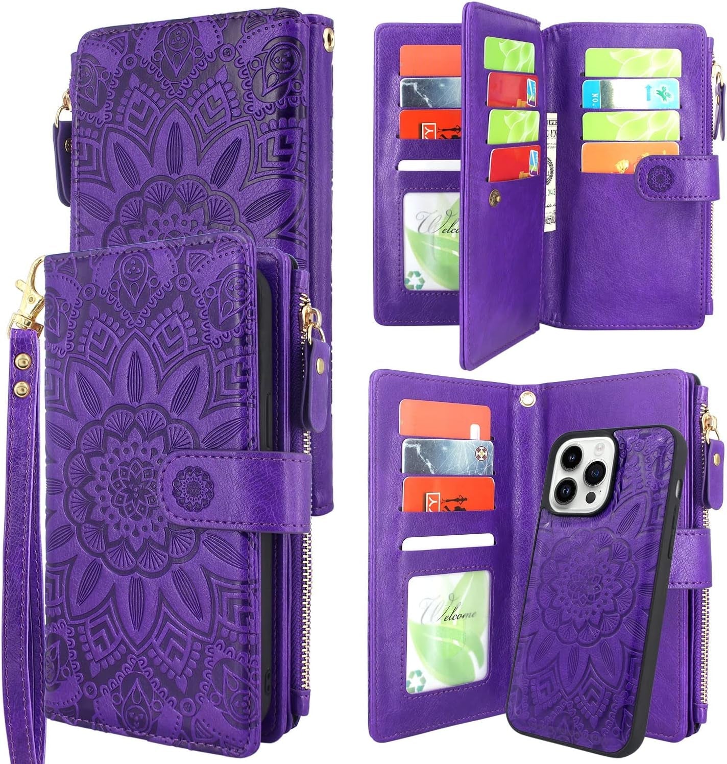 Harryshell Compatible with Iphone 14 Pro 6.1 Inch 5G 2022 Wallet Case Detachable Magnetic Cover Zipper Cash Pocket Multi Card Slots Holder Wrist Strap Lanyard (Floral Black)  Harryshell Floral Purple  