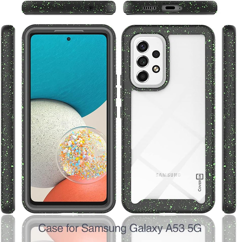 Coveron Full Body Cover Designed for Samsung Galaxy A53 5G Case, Clear Heavy Duty Rugged Anti-Slip Guard - Black (Spotted Green)