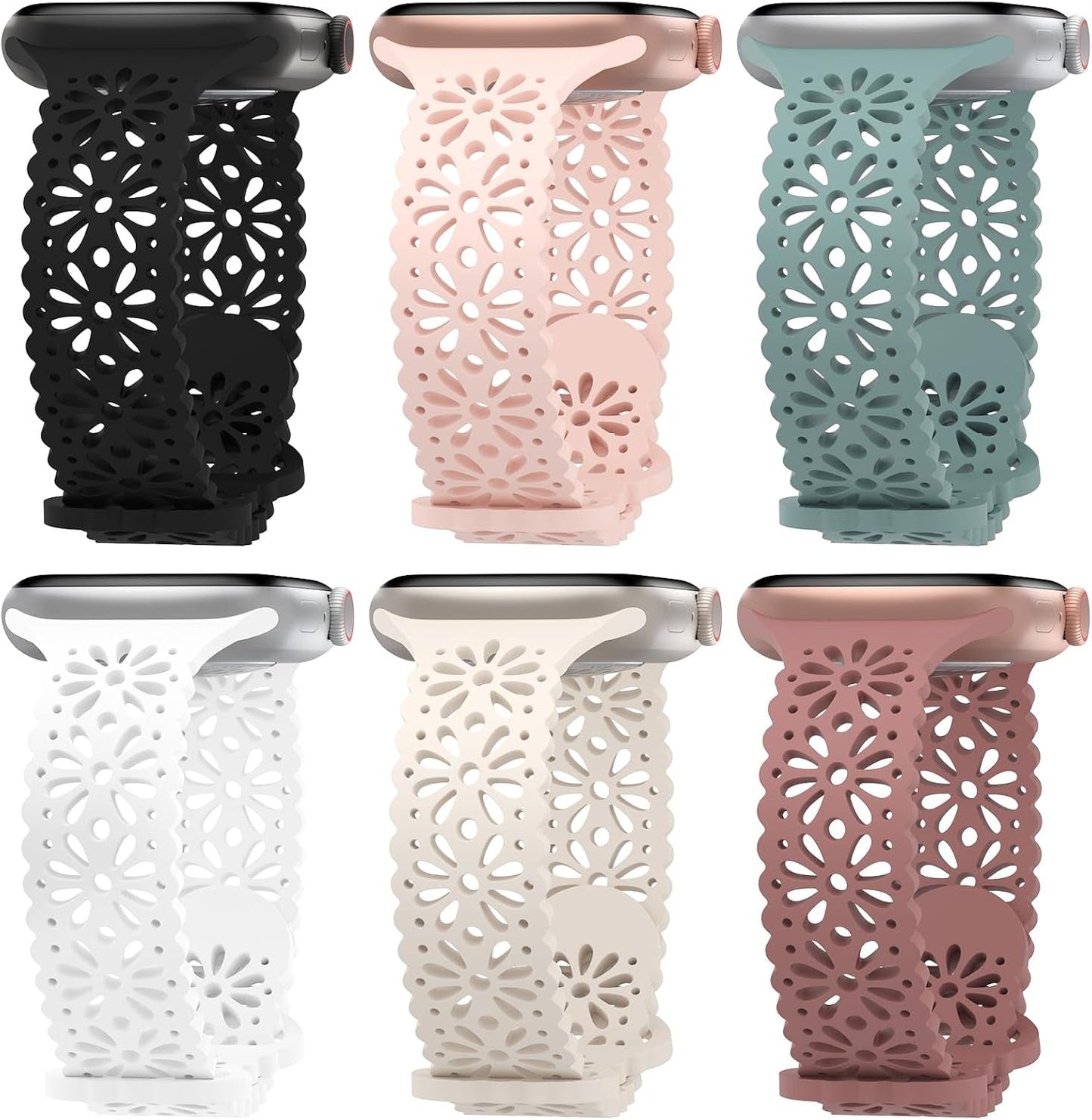 6 Pack Lace Hollow-Out Silicone Bands Compatible with Apple Watch 38Mm 40Mm 41Mm 42Mm 44Mm 45Mm 49Mm, Slim Thin Sport Strap Wristbands for Iwatch Ultra/Ultra 2 SE Series 9/8/7/6/5/4/3/2/1 Women Girls