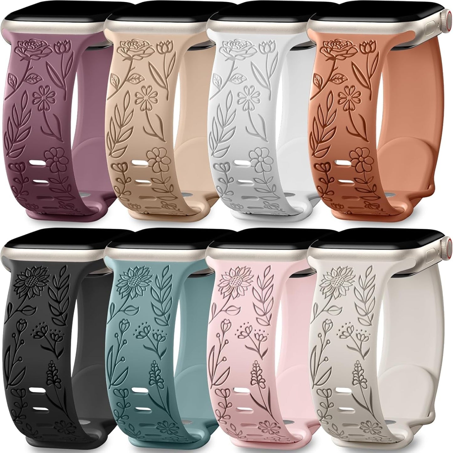 Easuny 8 Pack Bands for Women Apple Watch 40Mm 41Mm 38Mm 42Mm 44Mm 45Mm 49Mm Iwatch Series 9 8 7 6 5 4 3 Ultra 2/1 SE SE 2Nd, Soft Silicone Floral Engraved Dressy Wrist Straps