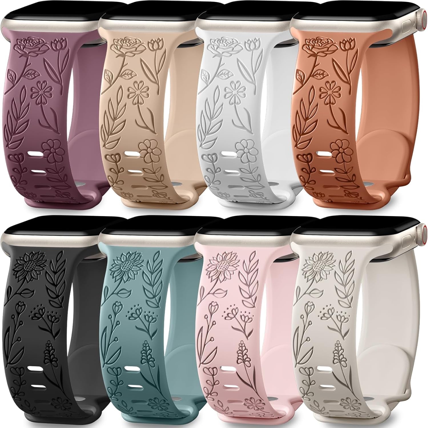 Easuny 8 Pack Bands for Women Apple Watch 40Mm 41Mm 38Mm 42Mm 44Mm 45Mm 49Mm Iwatch Series 9 8 7 6 5 4 3 Ultra 2/1 SE SE 2Nd, Soft Silicone Floral Engraved Dressy Wrist Straps