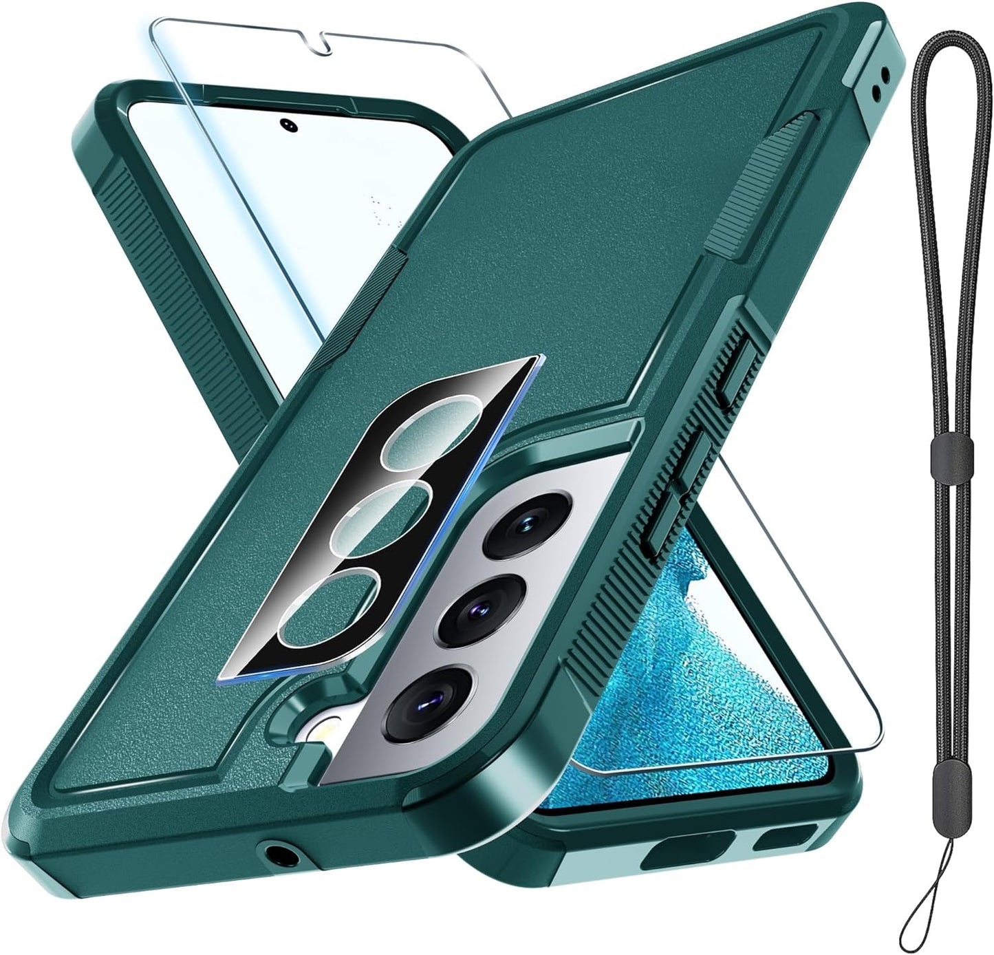 For Samsung Galaxy S22 Case, Full Body Heavy Duty Rugged Shockproof Protective Phone Cover with Lanyard Strap, Tempered Glass Screen Protector and Camera Lens Cover, Mint Green