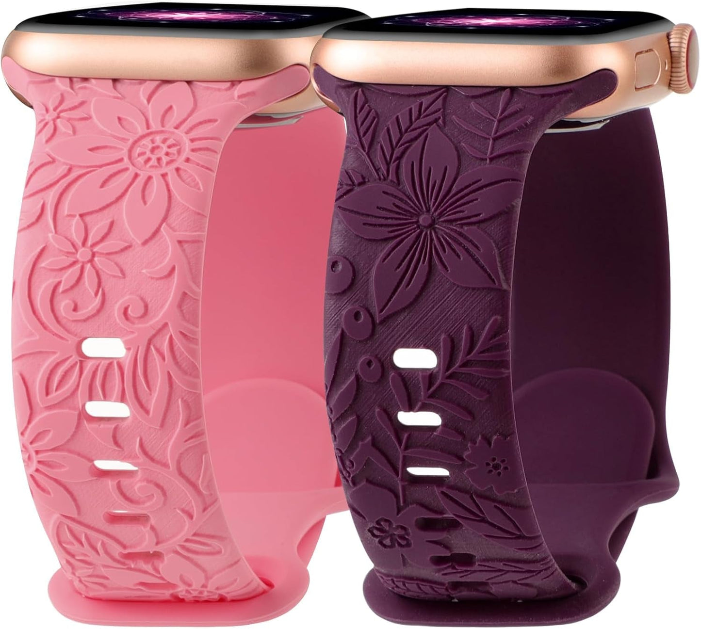 Floral Engraved Band Compatible with Apple Watch Bands 40Mm 41Mm 38Mm 42Mm 44Mm 45Mm 49Mm Women, Cute Soft Flower Silicone Designer Sport Strap for Iwatch Ultra 2 SE Series 9 8 7 6 5 4 3 2 1