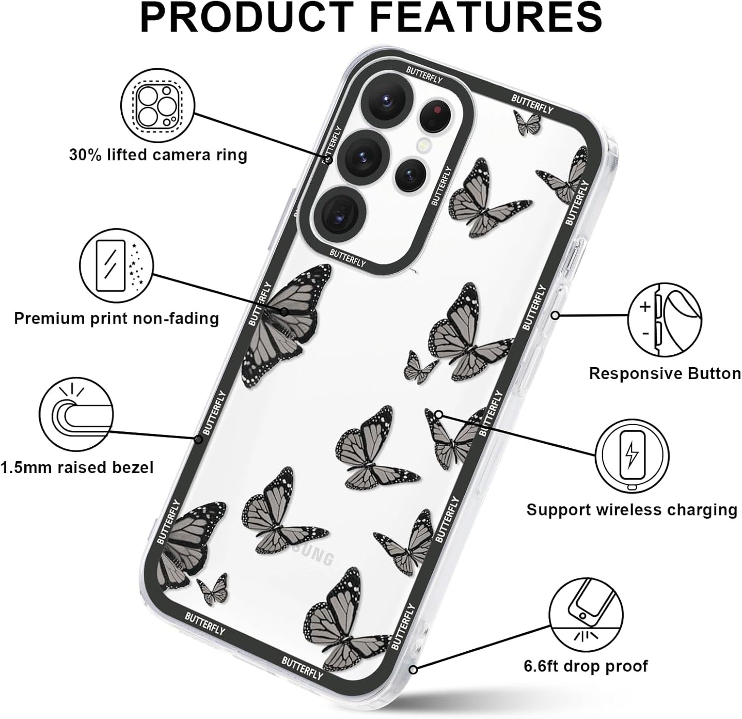 2 Pack Cute Clear Print for Samsung Galaxy A53 5G 6.5" Phone Case, Butterfly Aesthetic Transparent Cases Soft Silicone Slim TPU Shockproof Protective Cover for Women Girls-Butterflies