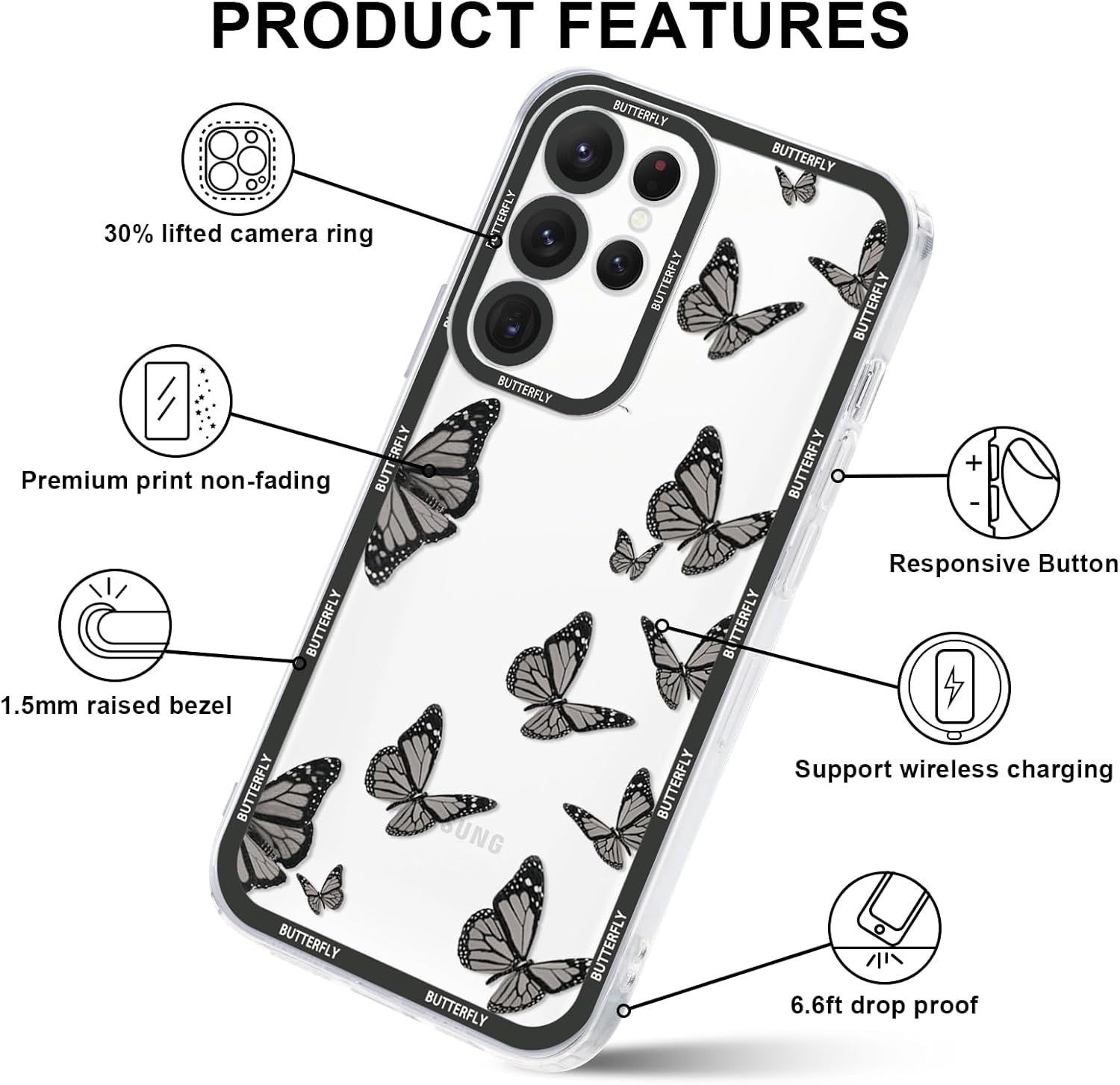 2 Pack Cute Clear Print for Samsung Galaxy A53 5G 6.5" Phone Case, Butterfly Aesthetic Transparent Cases Soft Silicone Slim TPU Shockproof Protective Cover for Women Girls-Butterflies