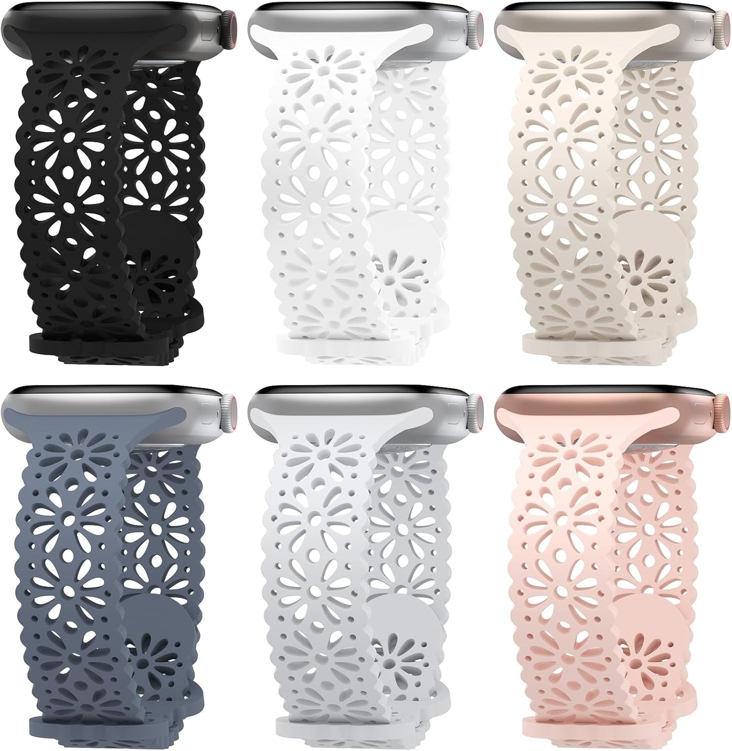 6 Pack Lace Hollow-Out Silicone Bands Compatible with Apple Watch 38Mm 40Mm 41Mm 42Mm 44Mm 45Mm 49Mm, Slim Thin Sport Strap Wristbands for Iwatch Ultra/Ultra 2 SE Series 9/8/7/6/5/4/3/2/1 Women Girls