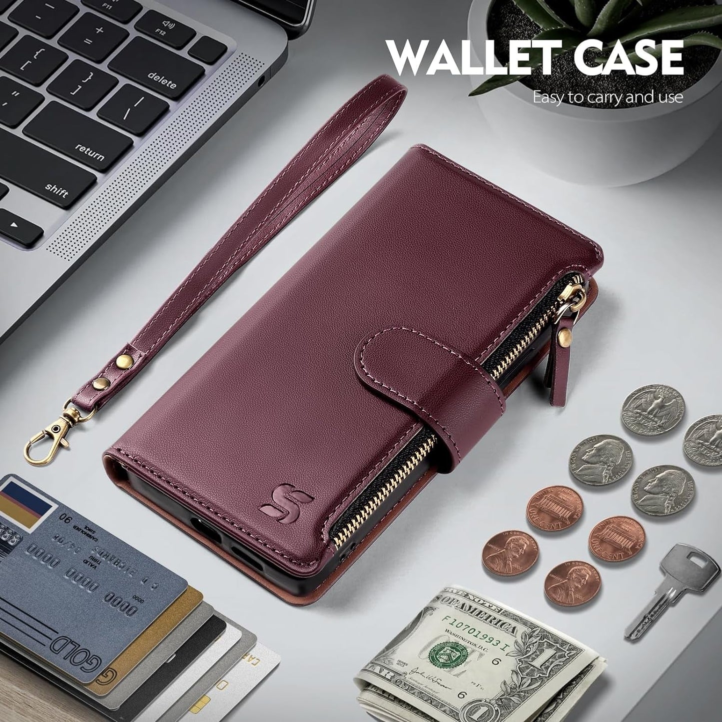For Samsung Galaxy S22 Ultra 5G Wallet Case,Galaxy S22 Ultra Phone Case PU Leather Flip Folio Protective Cover Zipper Pocket Credit Card Slots Holder RFID Blocking,For Women Men,Wine Red