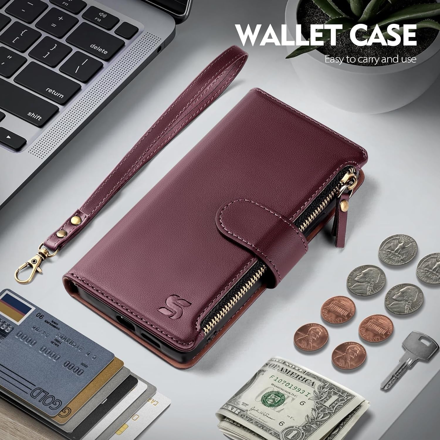 For Samsung Galaxy S22 Ultra 5G Wallet Case,Galaxy S22 Ultra Phone Case PU Leather Flip Folio Protective Cover Zipper Pocket Credit Card Slots Holder RFID Blocking,For Women Men,Wine Red